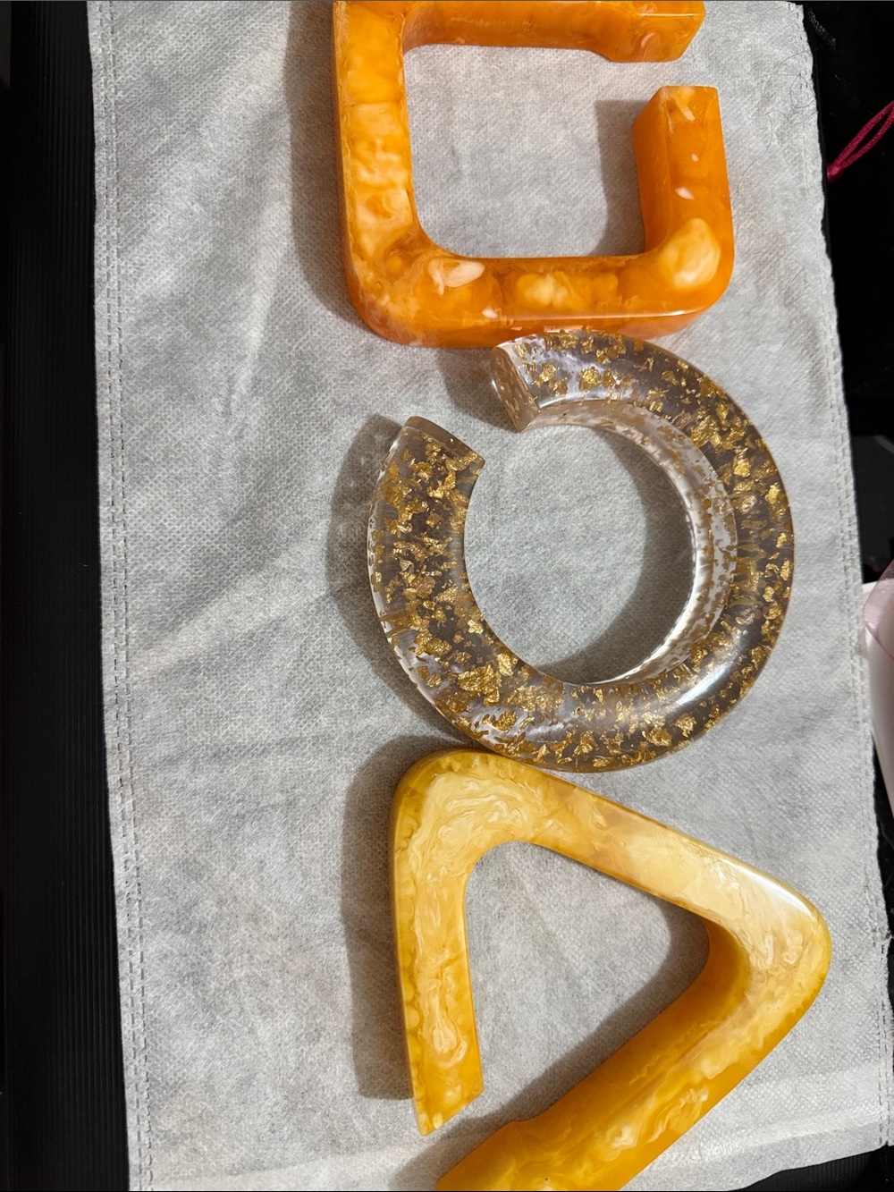 Resin Geometric Bracelets in Marbled Yellow & Gold Flakes. Curvy girl friendly